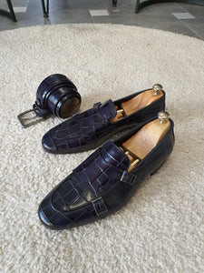 Chase Sardinelli Double Buckle Croc Navy Leather Shoes