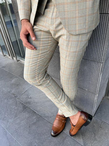 Ace Slim Fit Plaid Beige Striped Suit