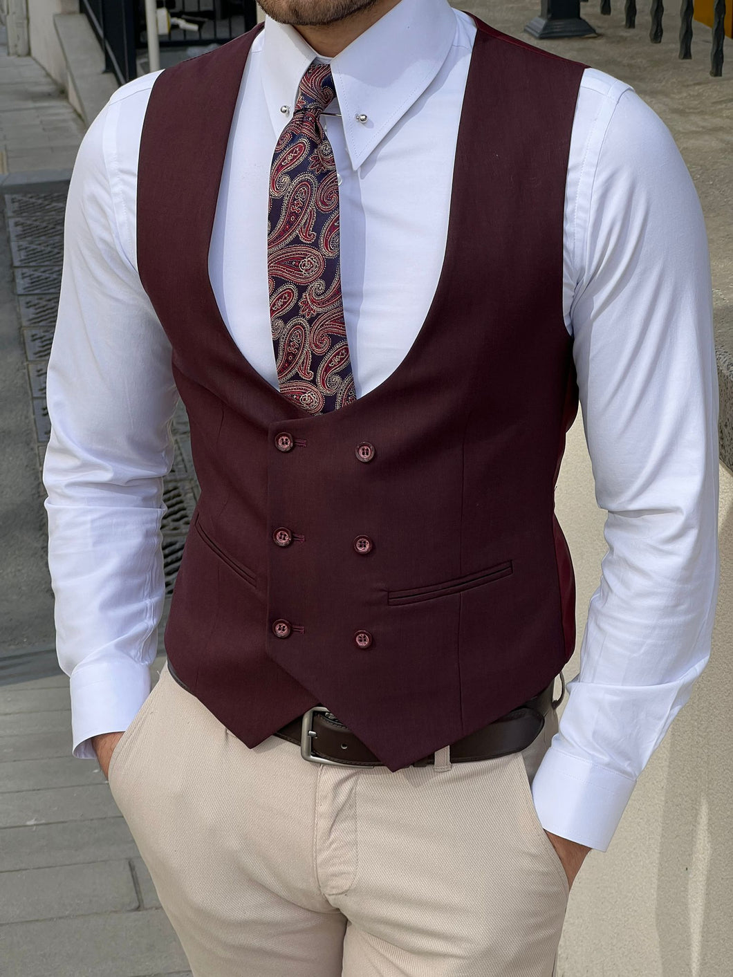 Ben Slim Fit Double Breasted Claret Red Vest