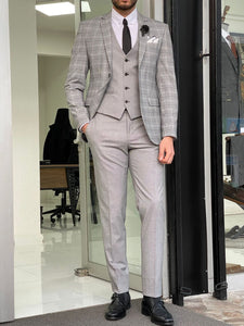 Warwich Slim Fit Plaid Grey Woolen Suit
