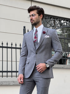 Efe Slim Fit Patterned Pointed Collared Gray Suit