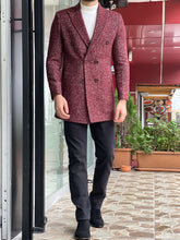 Load image into Gallery viewer, Brett Slim Fit Patterned Double Breasted Claret Red Woolen Coat
