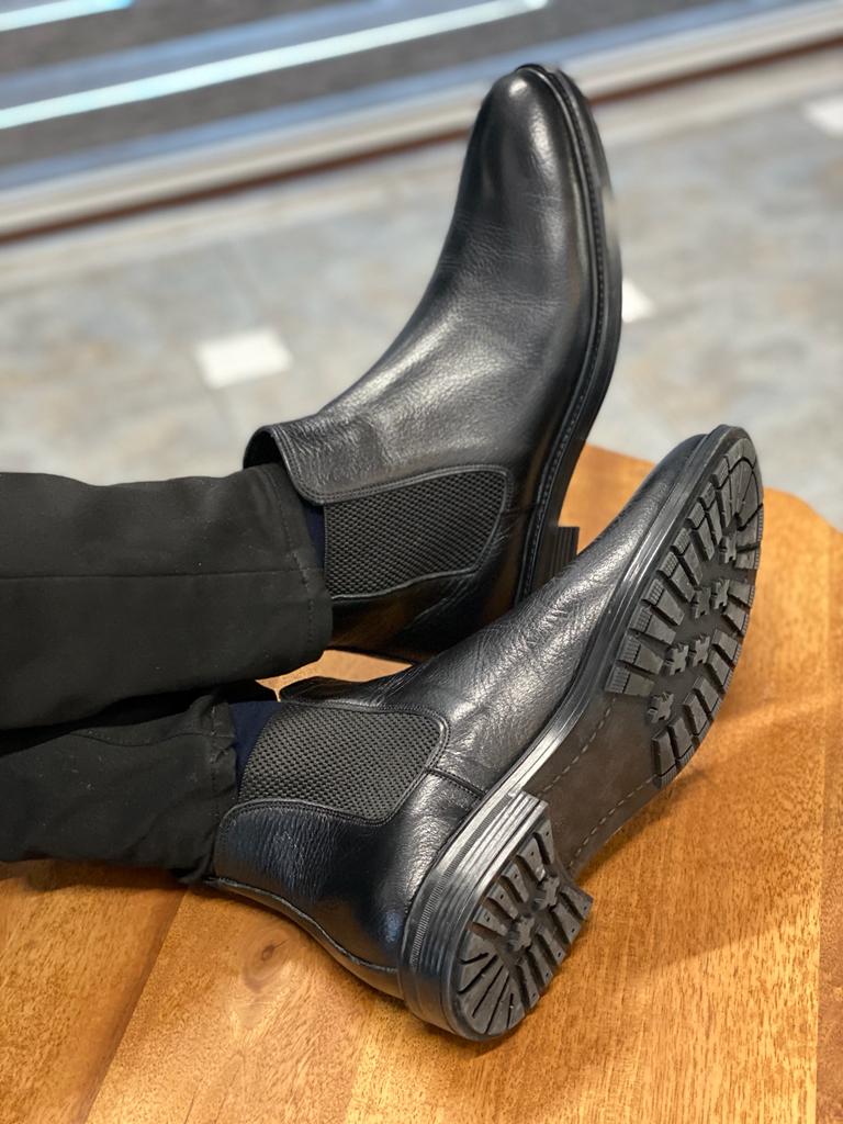 Grant Genuine Leather Rubber Sole Black Chelsea Boots