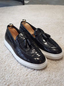 Ross Sardinelli Eva Sole Croc Tasseled Leather Black Shoes