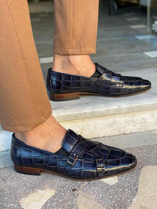 Grant Double Buckled Croc Dark Blue Leather  Loafer