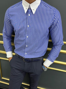 Luke Slim Fit Italian Collar Striped Blue Shirt
