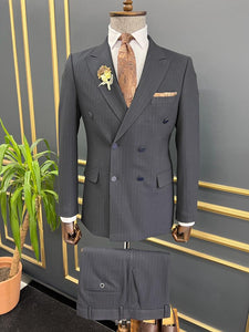 Rick Slim Fit Striped Double Breasted Blue Suit