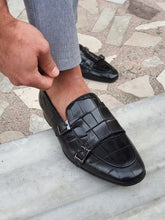 Load image into Gallery viewer, Harold Sardinelli Double Buckled Croc Detailed Black Shoes
