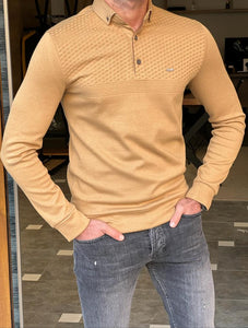 Nate Slim Fit Polo Collared Camel Sweater