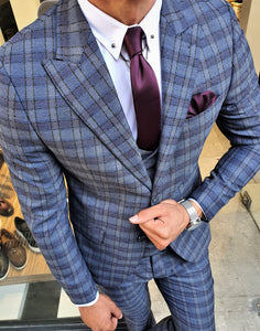 Verno Slim Fit Indigo Plaid Suit