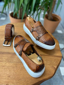 Grant Black Woven Camel Buckled Leather Shoes