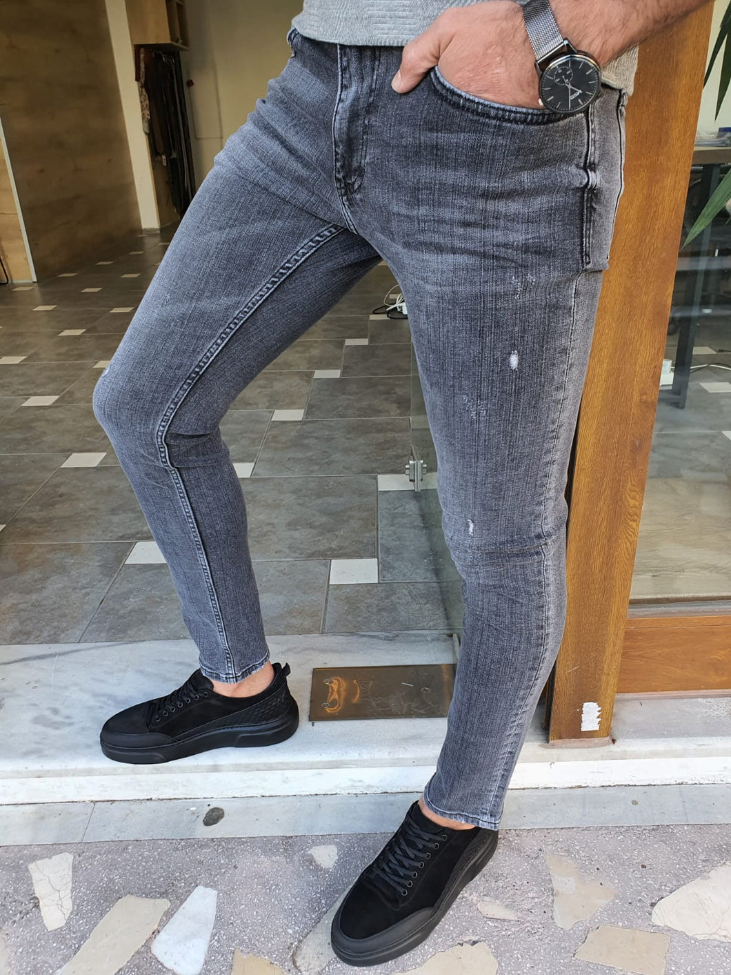 Jason Slim Fit Special Edition Gray & Black Ripped Jeans