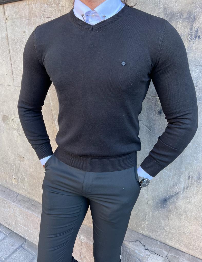 Rick Slim Fit V-Neck Black Sweater