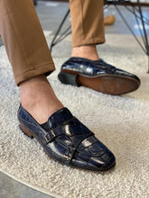 Load image into Gallery viewer, Grant Double Buckled Croc Dark Blue Leather  Loafer
