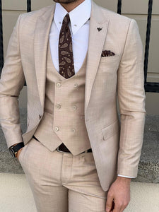 Ben Slim Fit Self-Patterned Woolen Beige Suit