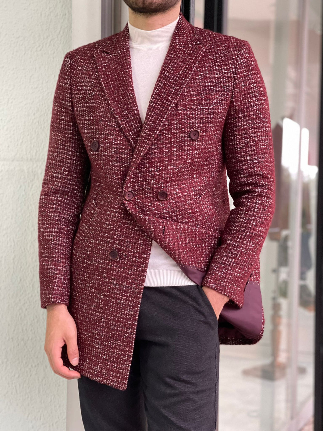 Brett Slim Fit Patterned Double Breasted Claret Red Woolen Coat