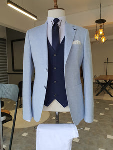 Ross Slim Fit Back Pocket Linen Blue Suit