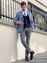 Load image into Gallery viewer, Efe Slim Fit Patterned Pointed Collared Light Navy Blue Plaid Suit
