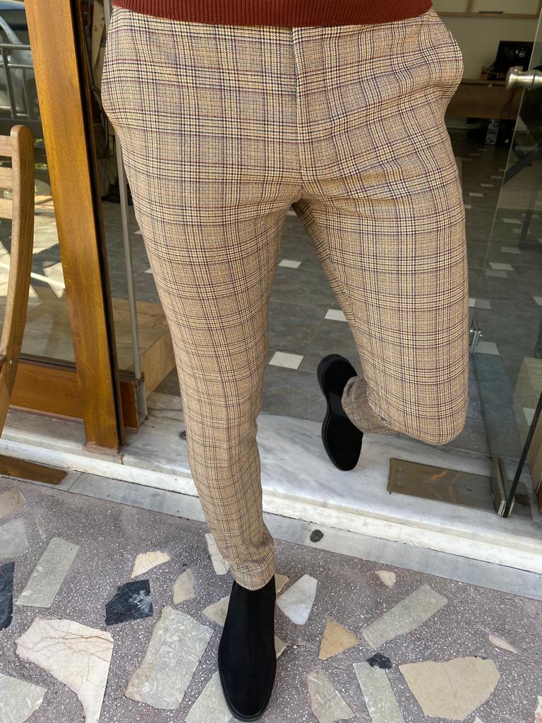 Clover Slim Fit Beige Plaid Pants – MCR TAILOR