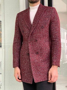 Brett Slim Fit Patterned Double Breasted Claret Red Woolen Coat