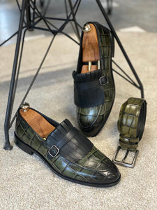 Grant Special Designed Buckle Detailed Croc Khaki Shoes