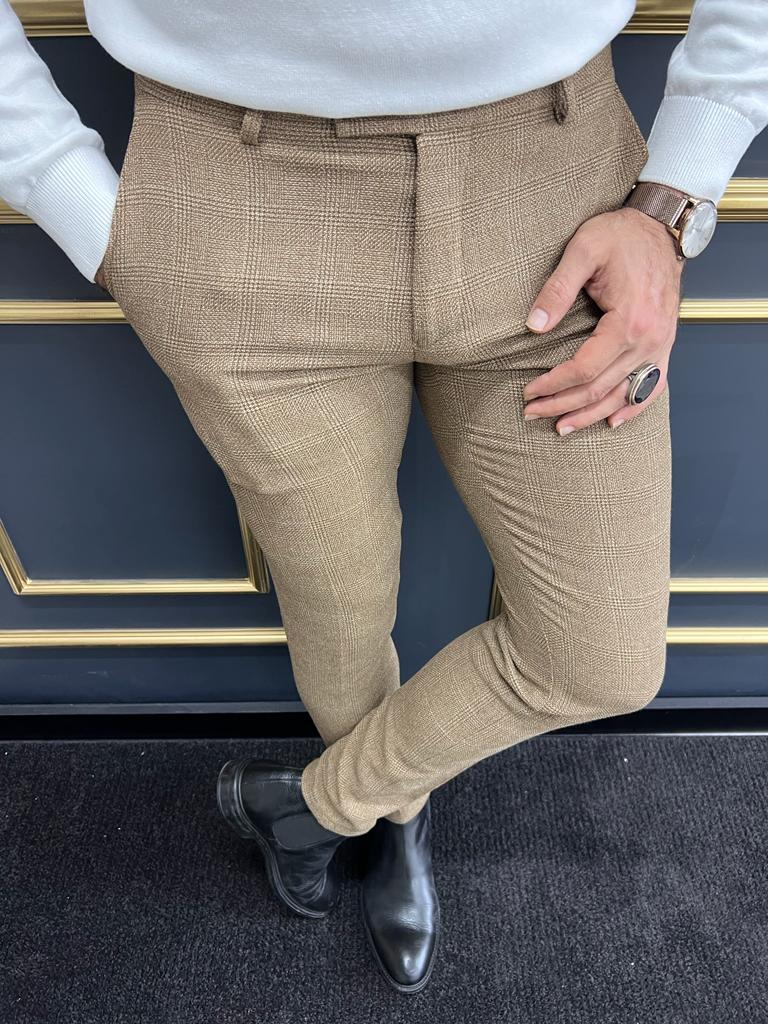 Casual Men's Suit Pants Coffee Tweed Plaid Pleat-Front Trousers -  Menseventwear – mens event wear