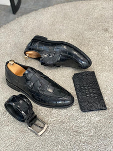 Rob Single Buckled Eva Sole Croc Black Leather Shoes