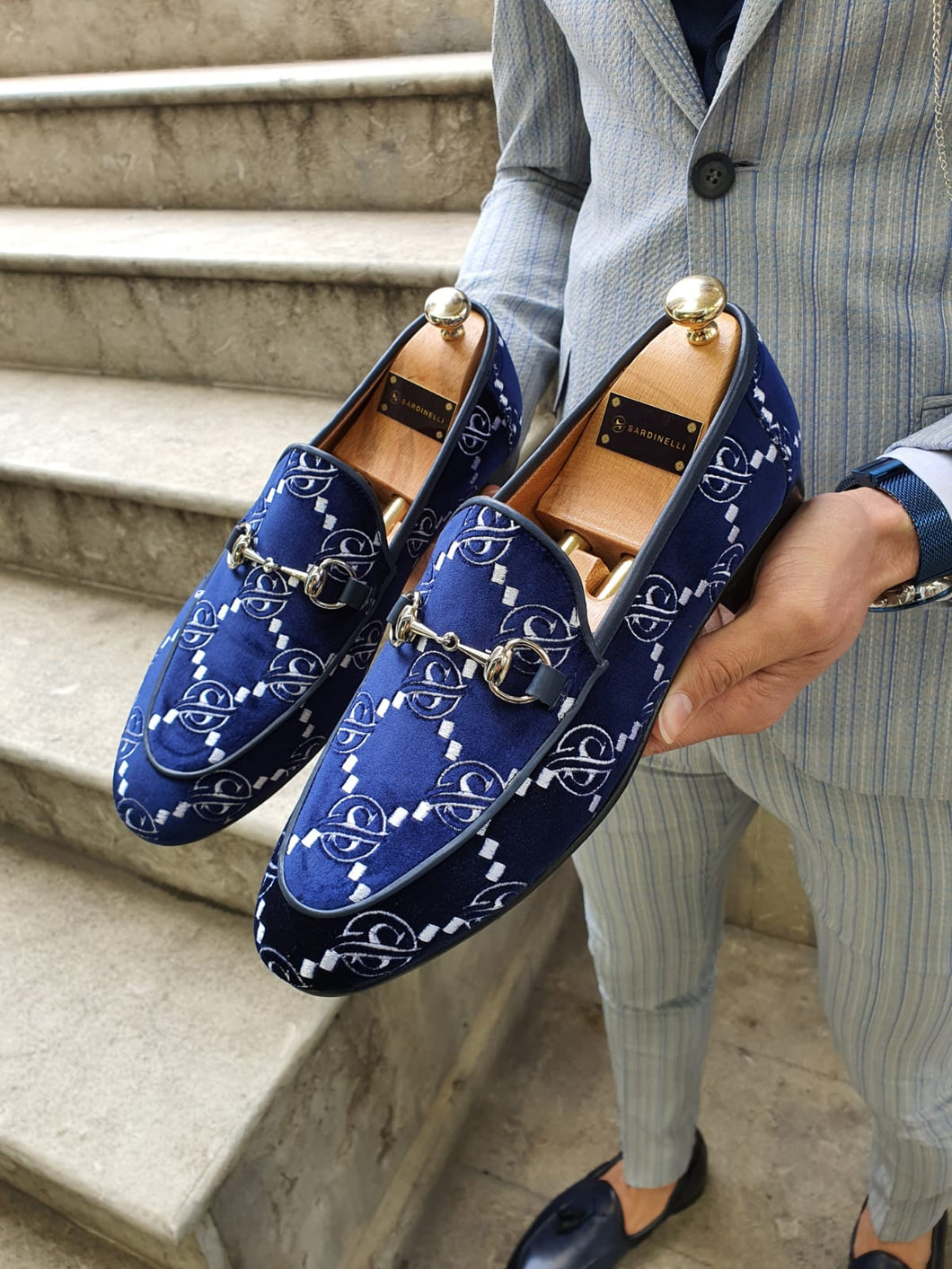 Genova Sardinelli Embroidered Velvet Buckled Navy Loafers