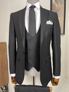 Connor Slim Fit Woolen Black Patterned Suit