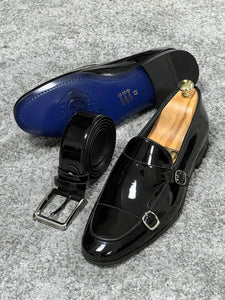 Louis Special Edition Neolite Sole Double Monk Shiney Leather Black Shoes