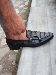 Harold Sardinelli Double Buckled Croc Detailed Black Shoes