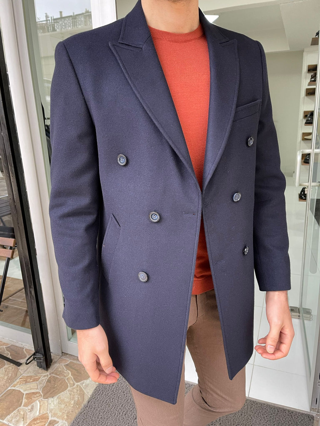 Csarson Slim Fit Double Breasted Navy Blue Winter Coat