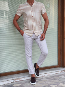 Chase Slim Fit Striped Short Sleeve Ecru & Beige Shirt