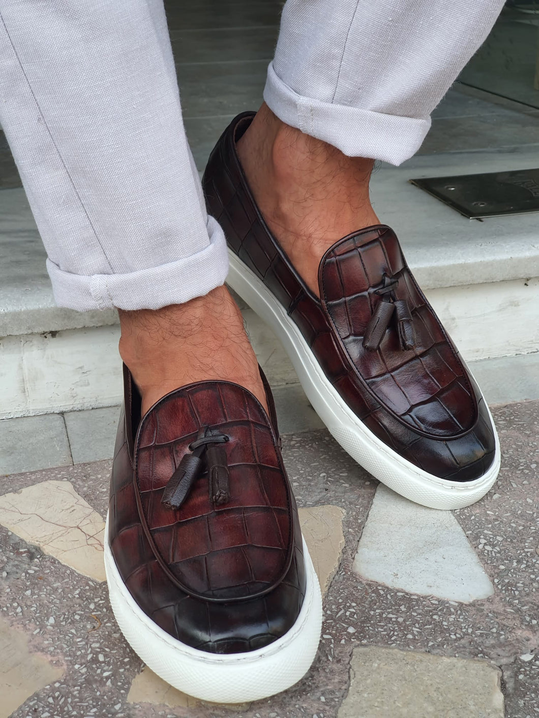 Chase Sardinelli Eva Sole Croc Tasseled Brown Leather Shoes