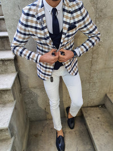 Genova Slim Fit White & Beige Plaid Suit