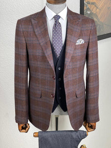 Connor Slim Fit Plaid Woolen Brown Suit