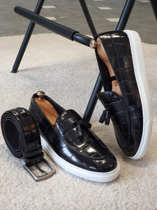 Ross Sardinelli Eva Sole Croc Tasseled Leather Black Shoes