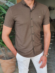 Jake Slim Fit Patterned Khaki Short Sleeve Shirt