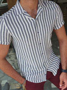 Chase Slim Fit Striped Short Sleeve Ecru & Navy Shirt