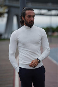 Thread Slim Fit Custom Design Half Turtleneck White Sweater