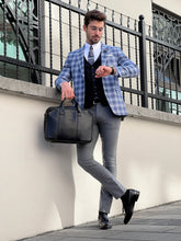 Load image into Gallery viewer, Efe Slim Fit Patterned Pointed Collared Light Navy Blue Plaid Suit
