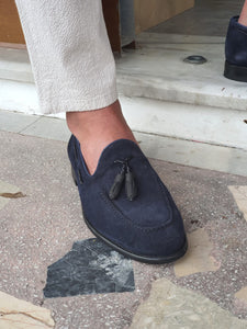 Vince Sardinelli Tasseled Detail Suede Navy Leather Loafer