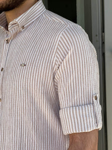 Fred Slim Fit Beige Striped Cotton Shirt