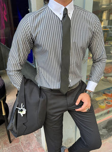 Larson Slim Fit Italian Collared Striped Black Shirt