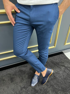 Luke Slim Fit Checkered Pique Detail Blue Trouser