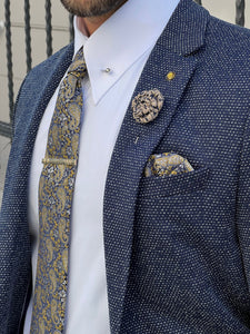 Efe Slim Fit High Quality Mono Collar Knitted Indigo Blazer