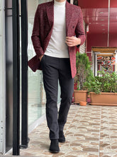 Load image into Gallery viewer, Brett Slim Fit Patterned Double Breasted Claret Red Woolen Coat
