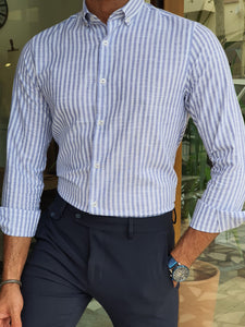 Lucas Slim Fit Striped Blue Linen Shirt