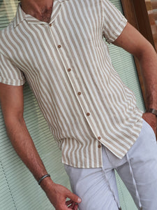 Chase Slim Fit Striped Short Sleeve Ecru & Beige Shirt