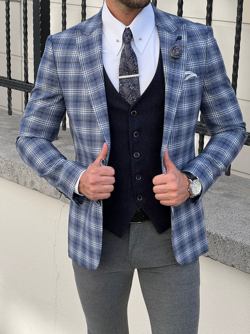 Efe Slim Fit Patterned Pointed Collared Light Navy Blue Plaid Suit